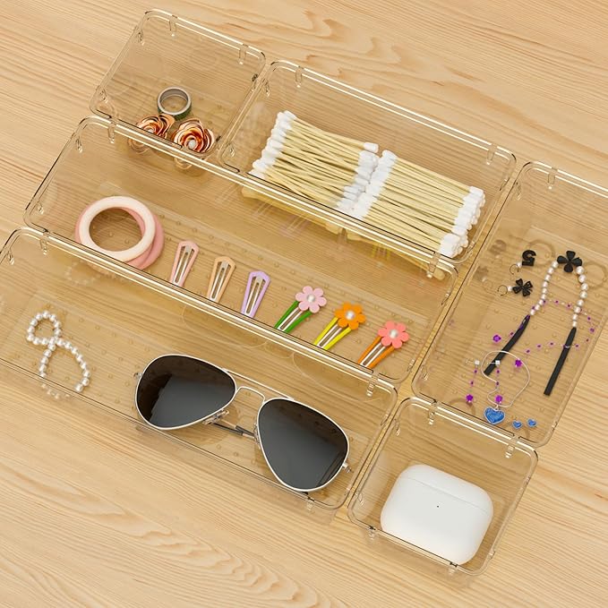 WOWBOX 6 Pack Clear Drawer Organizer Set, Acrylic Drawer Storage Trays