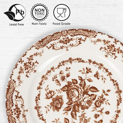 Salad Plates, 8.5 Inch Ceramic Plates Set of 6, Kitchen Plates Microwave Safe Plate, White Porcelain Dessert Porcelain Serving Dishes, Brown