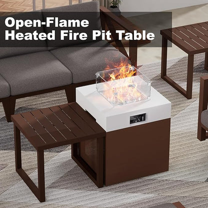 22" Aluminum Propane Fire Pit Table, 37,000 BTU Outdoor Gas Firepit with Lid, Glass Wind Guard, Waterproof Cover & Glass Stones for Patio Deck Garden, 3-in-1 Tabletop Design, Brown