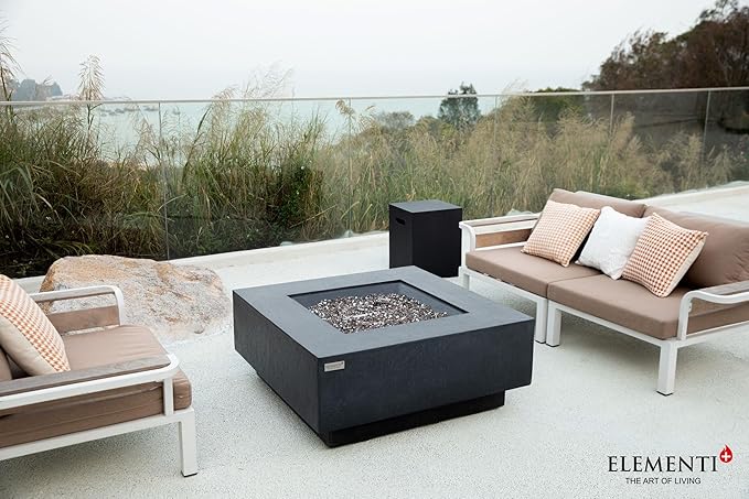 Elementi+ | Bergen Gas Fire Pit Cast Concrete 40" Square Fire Table, Outdoor Fire Pit Electronic Ignition | Canvas Cover, Fire Glass and Burner Lid Included | Dark Gray | Propane Gas