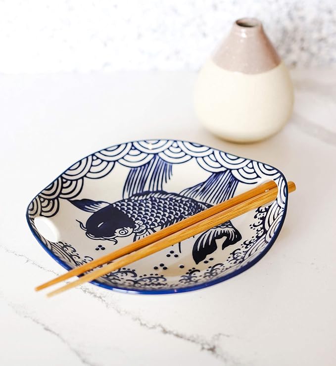 Ebros Blue And White Koi Fish Feng Shui Appetizer Snack Serving Coupe Plate Dish With Chopsticks And Built In Rest Set Small Flat Bowl For Hors D'oeuvres Sushi Ice Cream Serveware Plates (1)