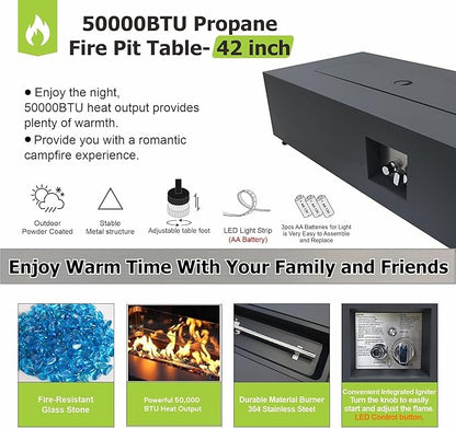 2-Piece 42" LED Rectangular Propane Fire Pit for Outside Patio with Hidden Tank Table, 50,000 BTU Fireplaces with Glass Wind Guard, Lid, Glass Rocks, Cover(Black w/RGB Light)