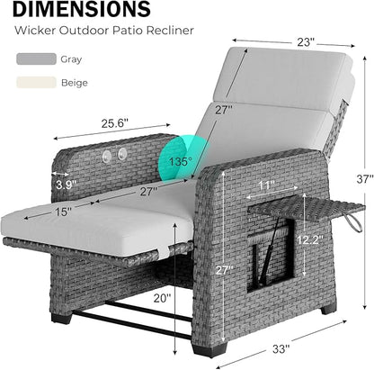 Restland Outdoor Recliner with Independent Adjustable Back & Footrest Wicker Patio Reclining Chair with Flip Table Comfortable Lounge Chair & Thick Cushion for Deck, Porch (Grey)