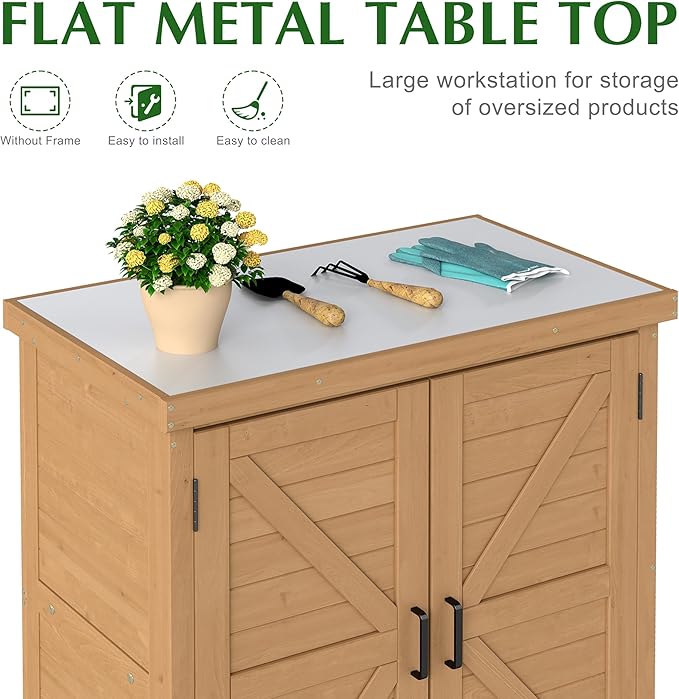 Outdoor Storage Cabinet & Potting Bench Table with Metal Top, Wooden Patio Furniture, Garden Workstation (Light Brwon, 36x31x17in)