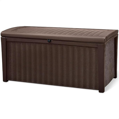 Keter Borneo 110 Gallon Resin Deck Box - Organization and Storage for Patio Furniture, Outdoor Cushions, Throw Pillows, Garden Tools and Pool Toys, Brown