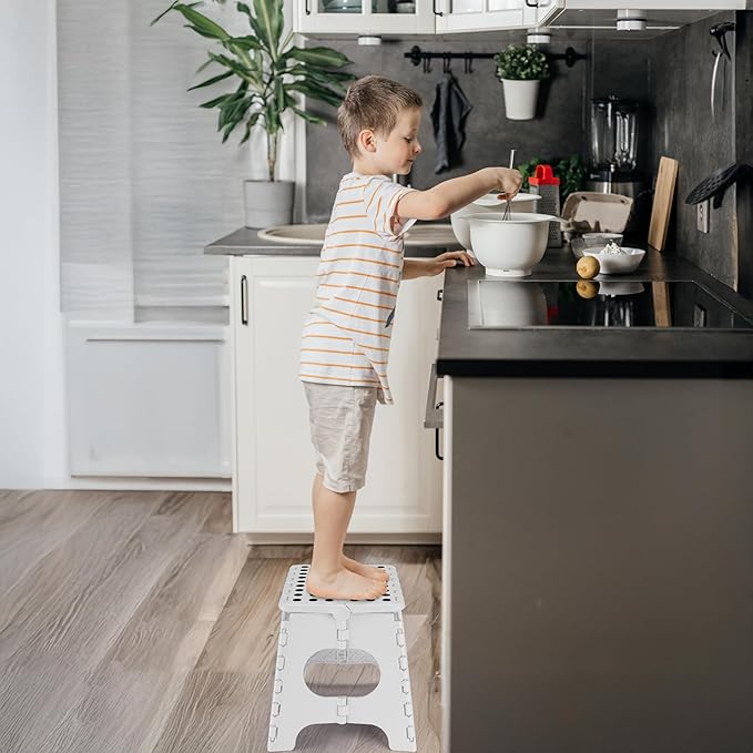 Delxo Folding Step Stool,11 Inch Non-Slip Foldable Step Stools for Kids and Adults,Portable Foldable Step Stool Lightweight Small Folding Stool with Handle for Kitchen Bathroom in White,1 Pack