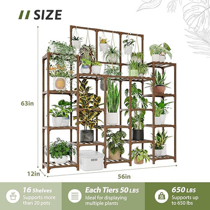 Plant Stand Indoor Outdoor 63" Tall Plant Shelf for Plants 14-Tier Large Plant Sheves for Living Room Heavy Duty Plant Rack Garden Balcony Patio Hanging Planter