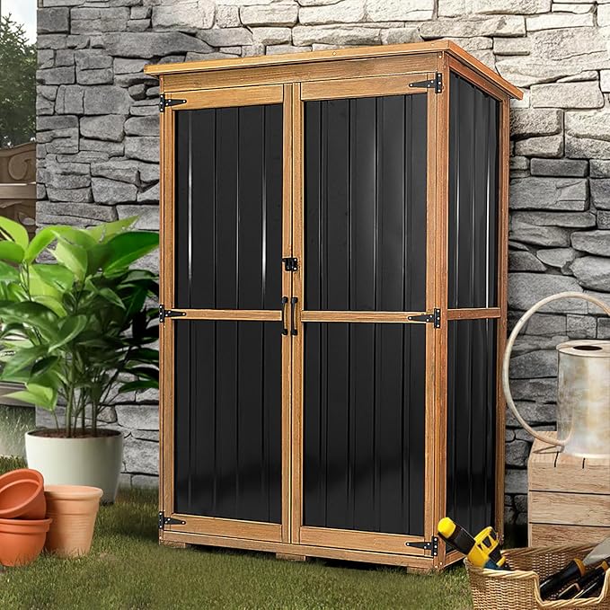 PetsCosset 46" L Large Outdoor Storage Cabinet with Shelves, Wood & Metal Storage Shed Weather-Resistant, Outside Storage Cabinet for Garage Patio Backyard Garden with Waterproof Roof