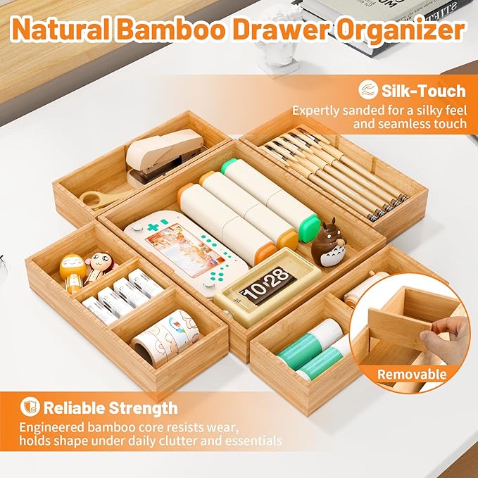SpaceWhisper Bamboo Drawer Organizer, 5-Piece Drawer Divider