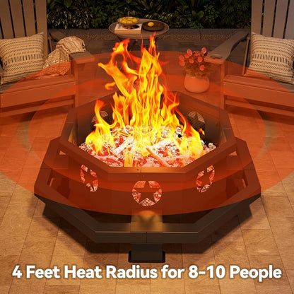 Auhilence 43 inch Large Fire Pit, Outdoor Fire Pit with Heavy Duty Construction, Wood Burning Fire Pits for Outside Octagonal Firepit for Camping, Backyard, Patio, Black