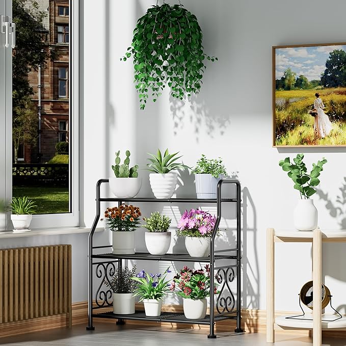 GIOTORENT Plant Stand Outdoor Indoor 3 Tier Metal Waterproof - 29.1" Plant Shelf for Patio, Balcony, Living Room, Large Capacity Tiered Plant Rack, Black