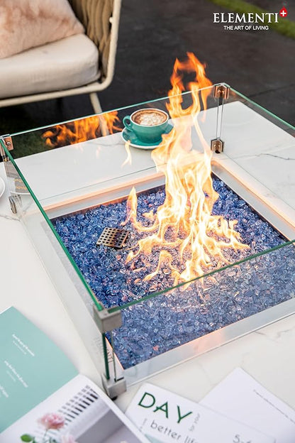 Elementi+ | Bundle Bianco Gas Fire Pit | Marble Porcelain & Metal Frame | 40" Square Fire Table | Electronic Ignition | Canvas Cover, Fire Glass & Burner Lid Included | White | Propane Gas