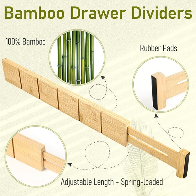 Whitmor Adjustable Bamboo Drawer Dividers, Expandable 17"-22" Drawer Organizer