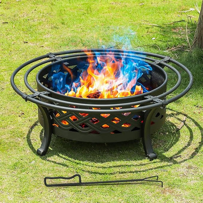 Panovue 36 Inch Fire Pit with 2 Loops,Crossweave Wood Burning Fire Pits for Outside,with Spark Screen,Fire Poker,Round Outdoor Firepit for Patio,Yard,Garden,Camping,Bonfire(36''Black)