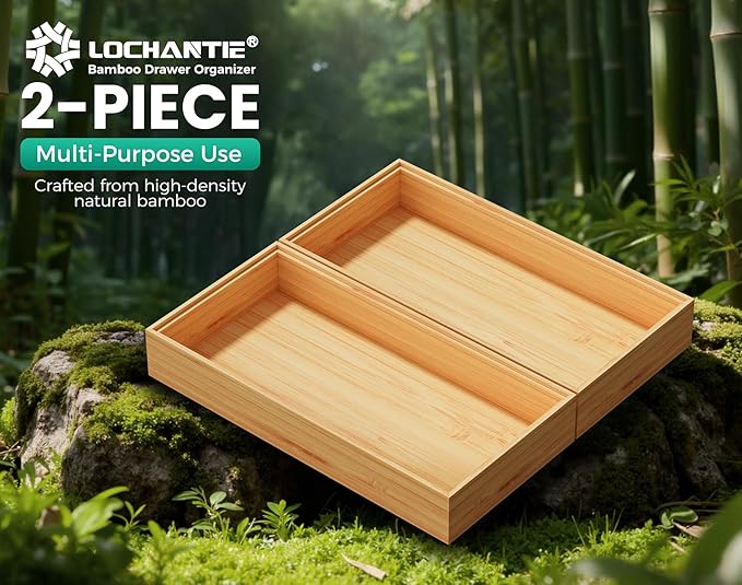 Bamboo Kitchen Drawer Organizer Boxes – 12" x 6" Stackable Wood Silverware