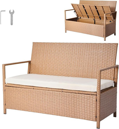 VEVOR Outdoor Storage Bench, 2-Person PE Rattan Storage Bench, 70 Gal Deck Box with Cushion, Supports up to 265 lbs, Weatherproof Outdoor Seating & Porch Decor for Patio Garden Balcony Yard