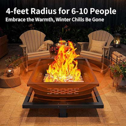 Auhilence 36 inch fire Pit, Square Outdoor Fire Pit with Poker, Wood Burning Fire Pit for Camping, Backyard, Patio