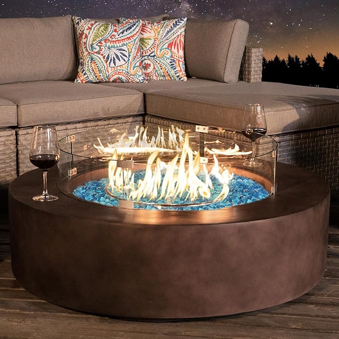 COSIEST Outdoor Propane Fire Pit Coffee Table w Dark Bronze 40.5-inch Round Base Patio Heater, Certified, 50,000 BTU Stainless Steel Burner, Wind Guard, Aqua Blue Fire Glass, Waterproof Cover