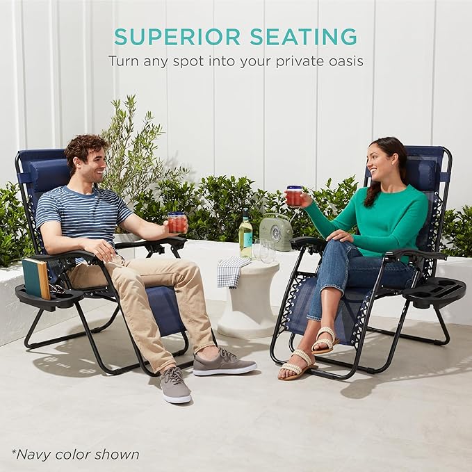 Best Choice Products Set of 2 Adjustable Steel Mesh Zero Gravity Lounge Chair Recliners w/Pillows and Cup Holder Trays - Dusty Blue/Black