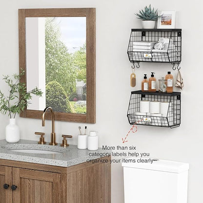 Black Kitchen Wall Hanging Storage Basket Set of 2, Rustic Stackable Kitchen