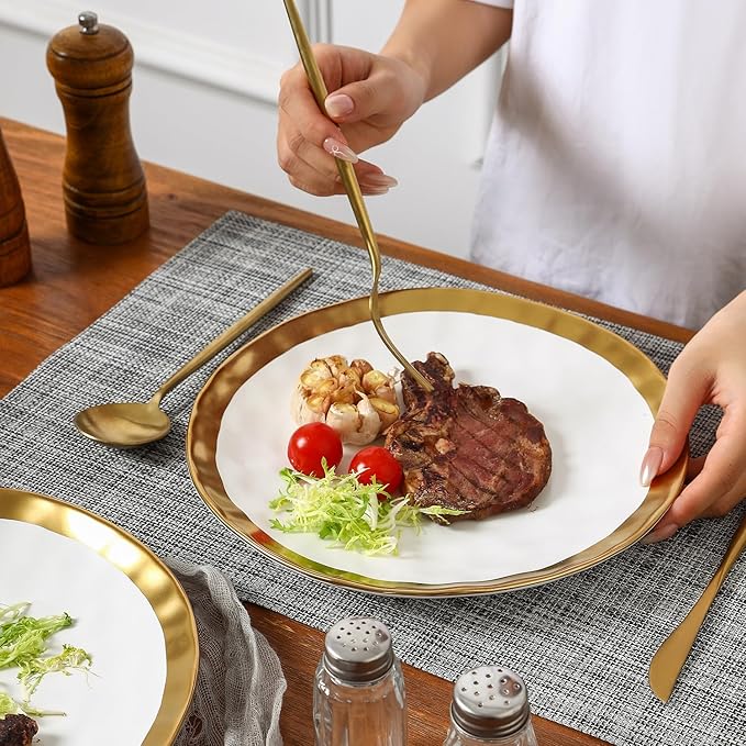 vicrays Ceramic Dinner Plates Set, 10 Inch, Set of 6, Round, Dishwasher Safe, NOT Microwave Safe, Suitable for Steak, Pasta, Home, Party, Restaurant（White with Golden）