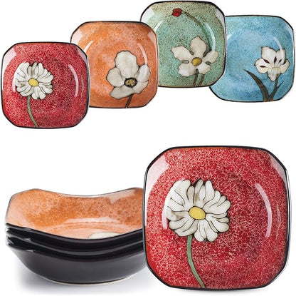 Porcelain Square Dessert Salad Pasta Plates 6.7 inches ceramic plates set of 4 Stackable Dinner Plates for Steak, Pasta, Salad,Dessert，Microwave and Dishwasher Safe (4 colors, 6.7 Inch)