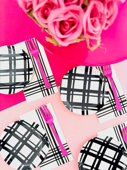 Sprinkles & Confetti Melamine Plate Set 6" Appetizer Plates, Reusable Outdoor Dinnerware for Entertaining, Patio & Picnic | Modern Black Plaid Design, Durable & Stylish Dish Set (Set of 4)