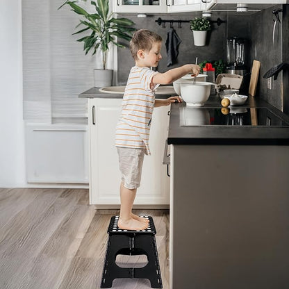 Delxo Folding Step Stool,11 Inch Non-Slip Foldable Step Stools for Kids and Adults,Portable Foldable Step Stool Lightweight Small Folding Stool with Handle for Kitchen Bathroom in Black,1 Pack