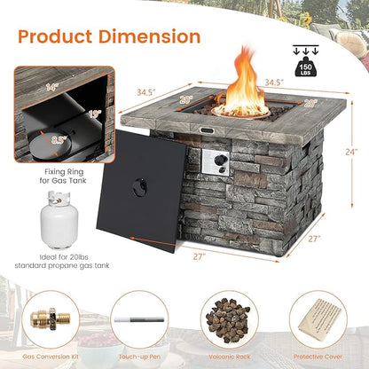 Giantex 34.5" Propane Gas Fire Pit Table - Patio 2-in-1 Outdoor Square Fire Table W/Volcanic Rock & PVC Cover, Stainless Steel Burner, 50,000 BTU Heat Output, Faux Stone Surface, Outside Fireplace