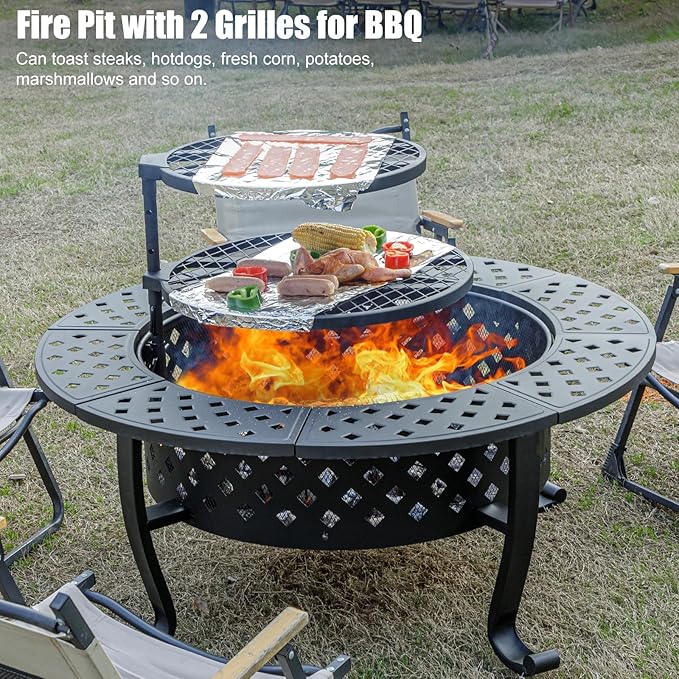 Panovue 42 Inch Fire Pit with 2 BBQ Grills, Wood Burning Fire Pits for Outside with Lid & Fire Poker, BBQ& Outdoor Firepit & Round Metal Table 3 in 1 for Patio, Picnic, Party