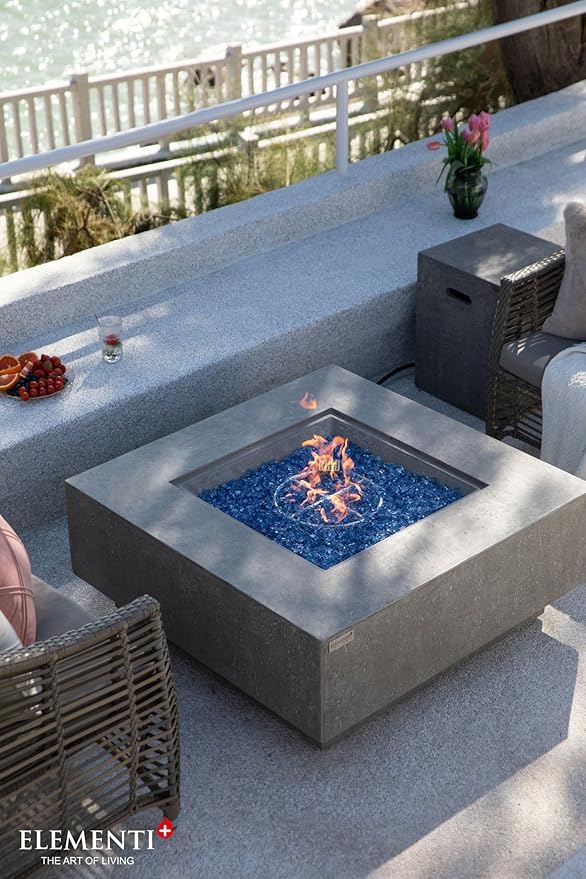 Elementi+ | Victoria Gas Fire Pit Cast Concrete 40" Square Fire Table, Outdoor Fire Pit Electronic Ignition | Canvas Cover, Fire Glass and Burner Lid Included | Light Gray | Natural Gas