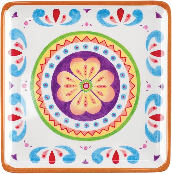 UP UPware Cinco de Mayo Melamine Square Dessert Plates, Small Serving Plates, Cinco de Mayo Decorations, for Appetizer, Snacks, and Side Dishes, Multicolor, 5.88 Inch, Set of 4