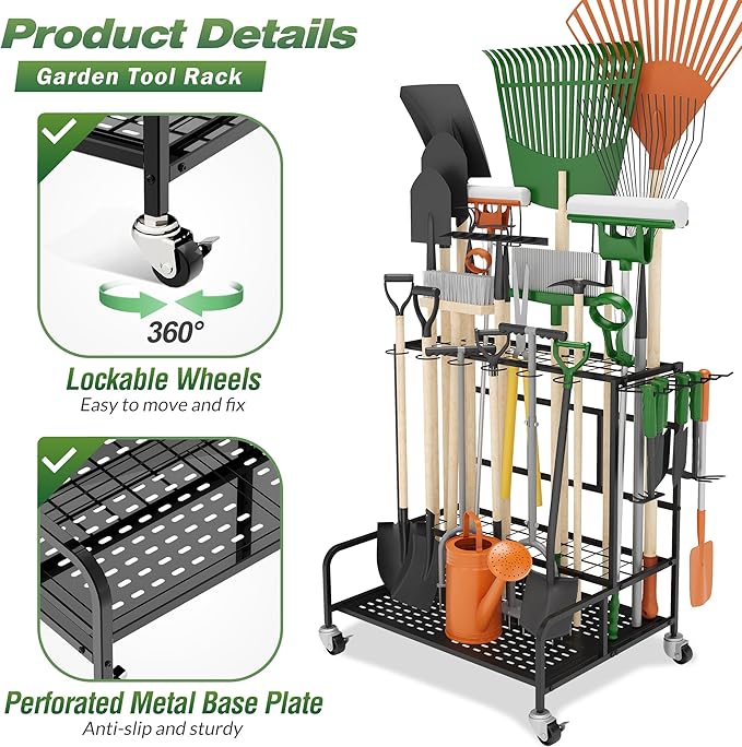 Garden Tool Organizer Rack with Wheels Up to 39 Tools, Heavy-Duty Steel Yard Tool Organizer for Garage Storage with 12 Hooks, Broom Holder & Garden Tool Rack for Shed, Patio, Outdoor Use, Black