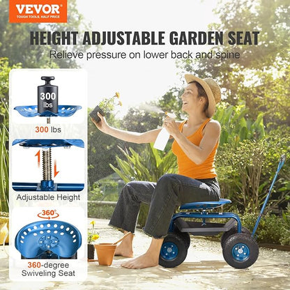 VEVOR Garden Cart Rolling Workseat with Wheels, Gardening Stool for Planting, 360 Degree Swivel Seat, Wagon Scooter with Steering Handle & Utility Tool Tray, Use for Patio, Yard, and Outdoors, Blue