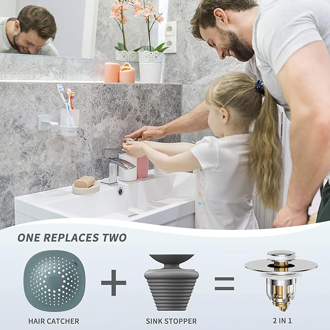 Universal 2 in 1 Bathroom Sink Stopper, Pop Up Bathroom Sink Drain Strainer