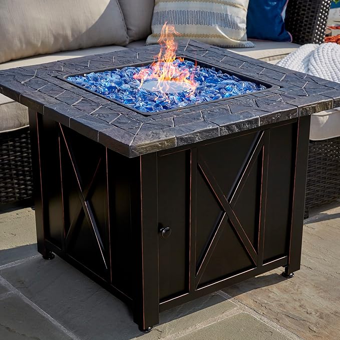 Endless Summer 30 Inch Square 30,000 BTU Liquid Propane Gas Outdoor Fire Pit Table w/Push Button Ignition, Blue Fire Glass, & Steel Fire Bowl, Bronze