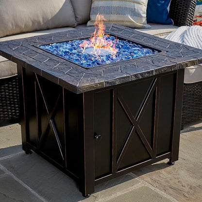 Endless Summer 30 Inch Square 30,000 BTU Liquid Propane Gas Outdoor Fire Pit Table w/Push Button Ignition, Blue Fire Glass, & Steel Fire Bowl, Bronze
