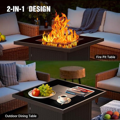 BALI OUTDOORS 32 inch Glass Tabletop Propane Fire Pit Outdoor, 50,000 BTU Propane Fire Pit Table Square, Gas Firepits for Outside Patio, Garden, Brown