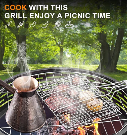 PWSOMJ 23 Inch Cast Iron Round Fire Pit with Grill, 3-in-1 Outdoor Fire Bowl, Fire Pit Table with Metal Lid and Fire Poker, Wood Burning Firepit for BBQ Bonfire Patio Picnic