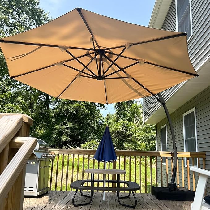 Aoxun 11 FT Cantilever Umbrella with Base Included, Patio Large Aluminum Offset Umbrella Windproof with 360°Rotation, Heavy Duty Frame for Outdoor, Pool, Deck and Garden
