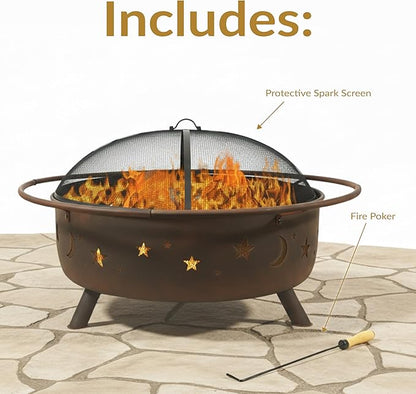 Sunnydaze Cosmic 42-Inch Large Outdoor Fire Pit - Wood-Burning Fire Pit with Round Spark Screen, Poker, and Built-in Grate