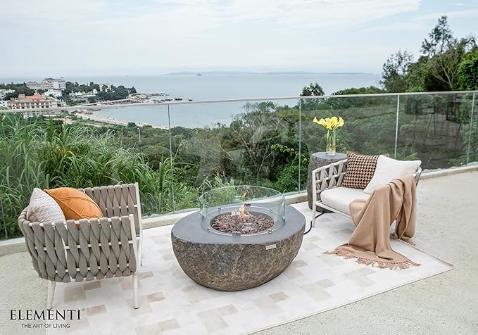 Elementi | Bundle Boulder Gas Fire Pit Cast Concrete Semi-Round Fire Table, Outdoor Fire Pit Electronic Ignition | Canvas Cover, Lava Rock Included | Propane Gas