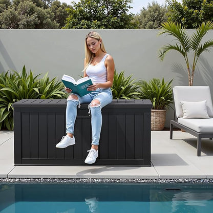 Flamaker Resin Deck Box 250 Gallon, Waterproof Imitation-Wood Lockable Storage Box with Separator Plate Outdoor Indoor, Garden, Patio Furniture for Tools&Pool Accessories (Black)
