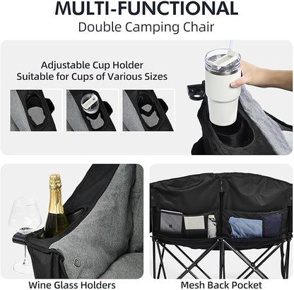 Heated Double Camping Chair - Heated Loveseat Chair for 2 Person Heavy Duty Oversized Padded Camping Couch for Adults Outdoor Sports Lawn Portable Folding Chairs