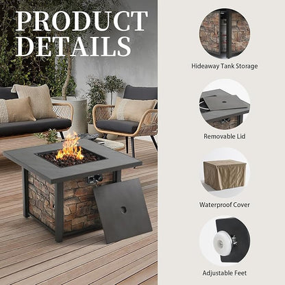 YATEMATE 36'' Propane Gas Fire Pit Table, Sintered Stone Tabletop & Polyresin Stone Look Panel, 50000 BTU Gas Fire Pit for Outside Patio and Garden, with Metal Lid & Lava Rocks