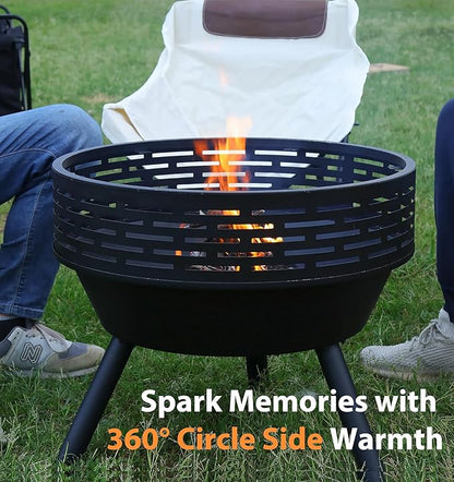 PWSOMJ 23 Inch Cast Iron Round Fire Pit with Grill, 3-in-1 Outdoor Fire Bowl, Fire Pit Table with Metal Lid and Fire Poker, Wood Burning Firepit for BBQ Bonfire Patio Picnic