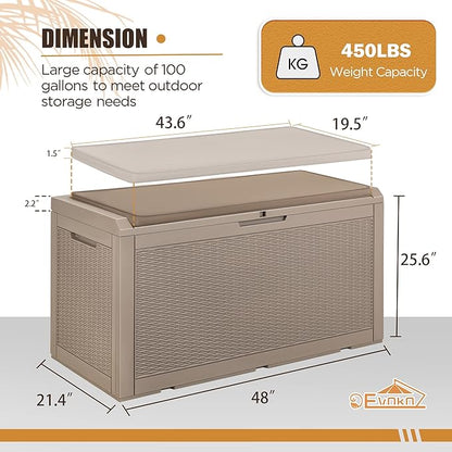 Devoko 100 Gallon Waterproof Large Resin Deck Box Outdoor Storage Box Indoor Lockable Storage Container with Cushion for Patio Furniture Garden Pool Cushions (Light Brown)