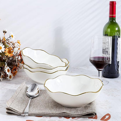 Fanquare 16oz Vintage White Pasta Bowls Set of 4, Porcelain Salad Bowl, 7" Kitchen Serving Bowl With Gold Trim for Cereal