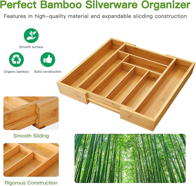 Pipishell Bamboo Expandable Silverware Drawer Organizer, Adjustable Kitchen
