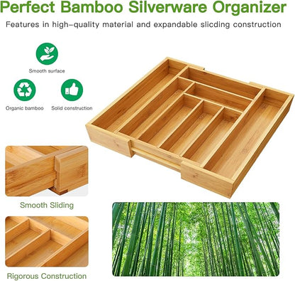 Pipishell Bamboo Expandable Silverware Drawer Organizer, Adjustable Kitchen